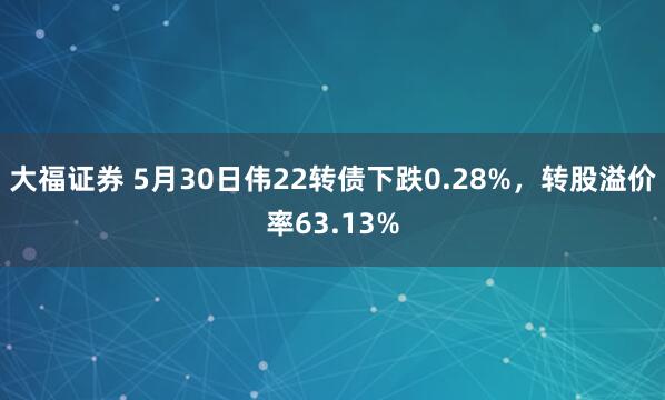 大福证券 5月30日伟22转债下跌0.28%，转股溢价率63.13%